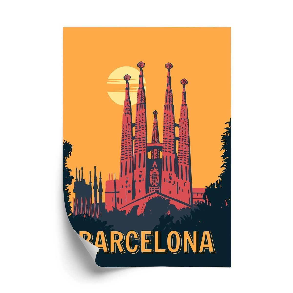 Plakat - Kirke i barcelona ved solnedgang i vintage stil