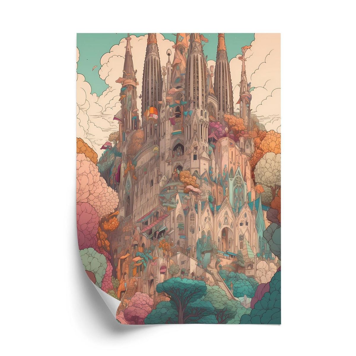 Plakat - Sagrada familia farverig illustration