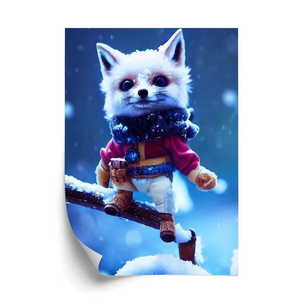 Plakat - A cute character of a white snow fox standing on a branch