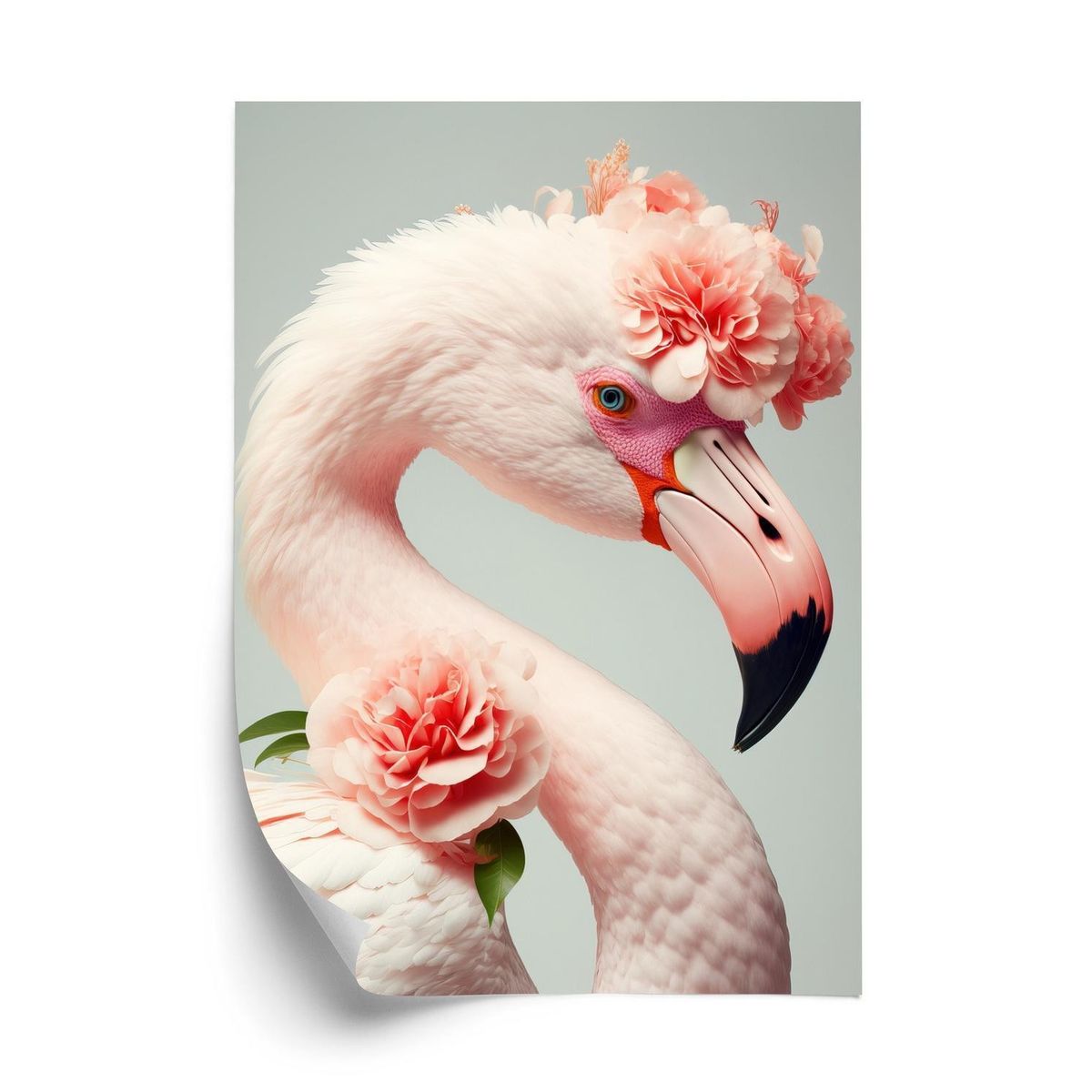 Plakat - Flamingo med blomster på hovedet