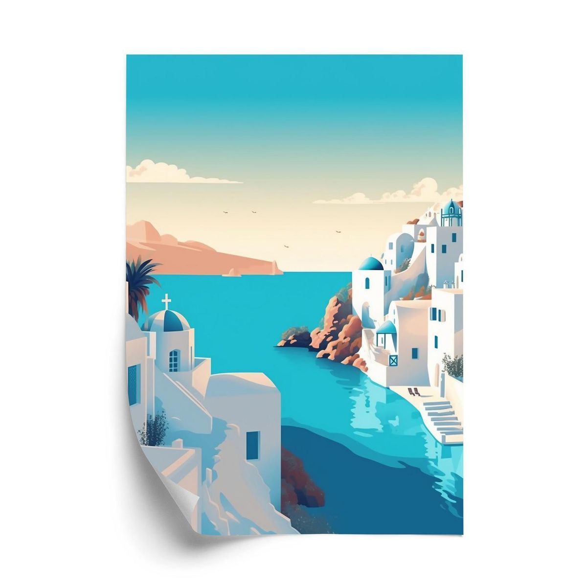 Plakat - Smuk santorini med blå hav illustration