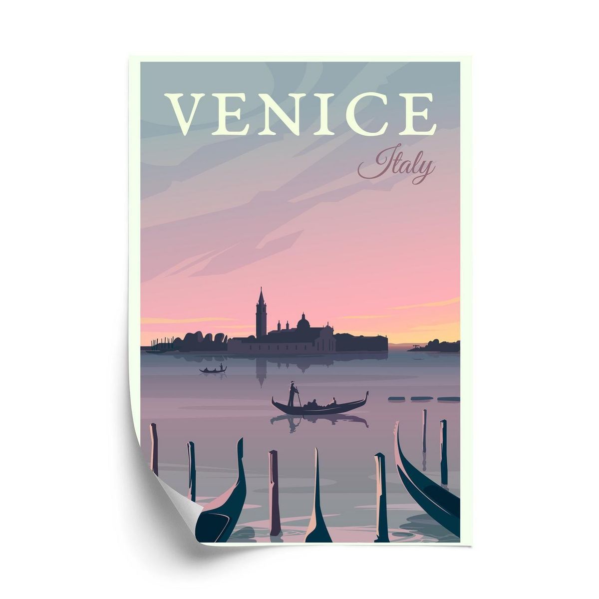 Plakat - Solnedgang i venedig med gondoler