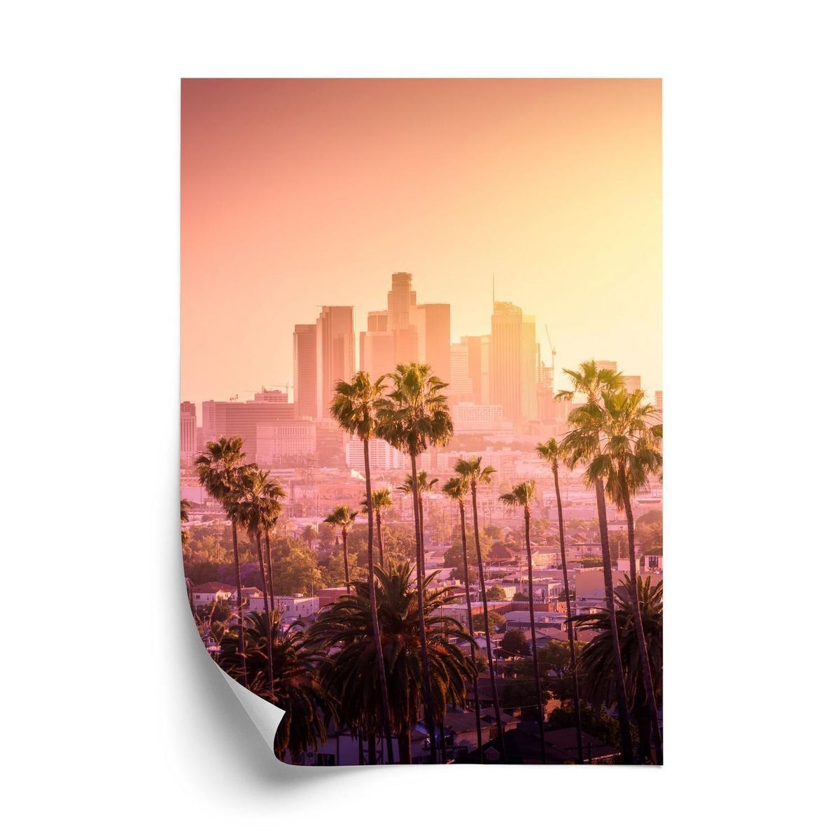 Plakat - Los angeles skyline med palmer og solnedgang