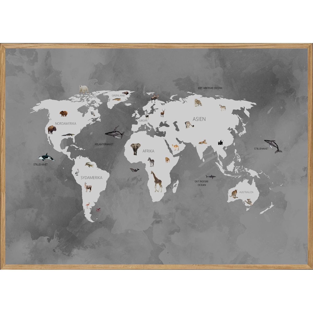 WORLD MAP GREY - BØRNEPLAKAT - VERDENSKORT MED DYR A4 ( 21 x 29,7cm) - BØRN > BØRNEPLAKATER - Living Nature